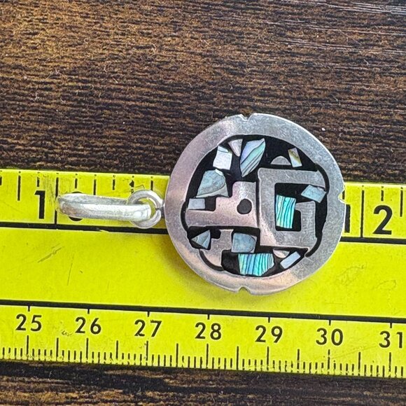 VTG Solid Sterling Silver 925 Abalone Inlay Circle Pendant Size 1.75" Length - Picture 8 of 9